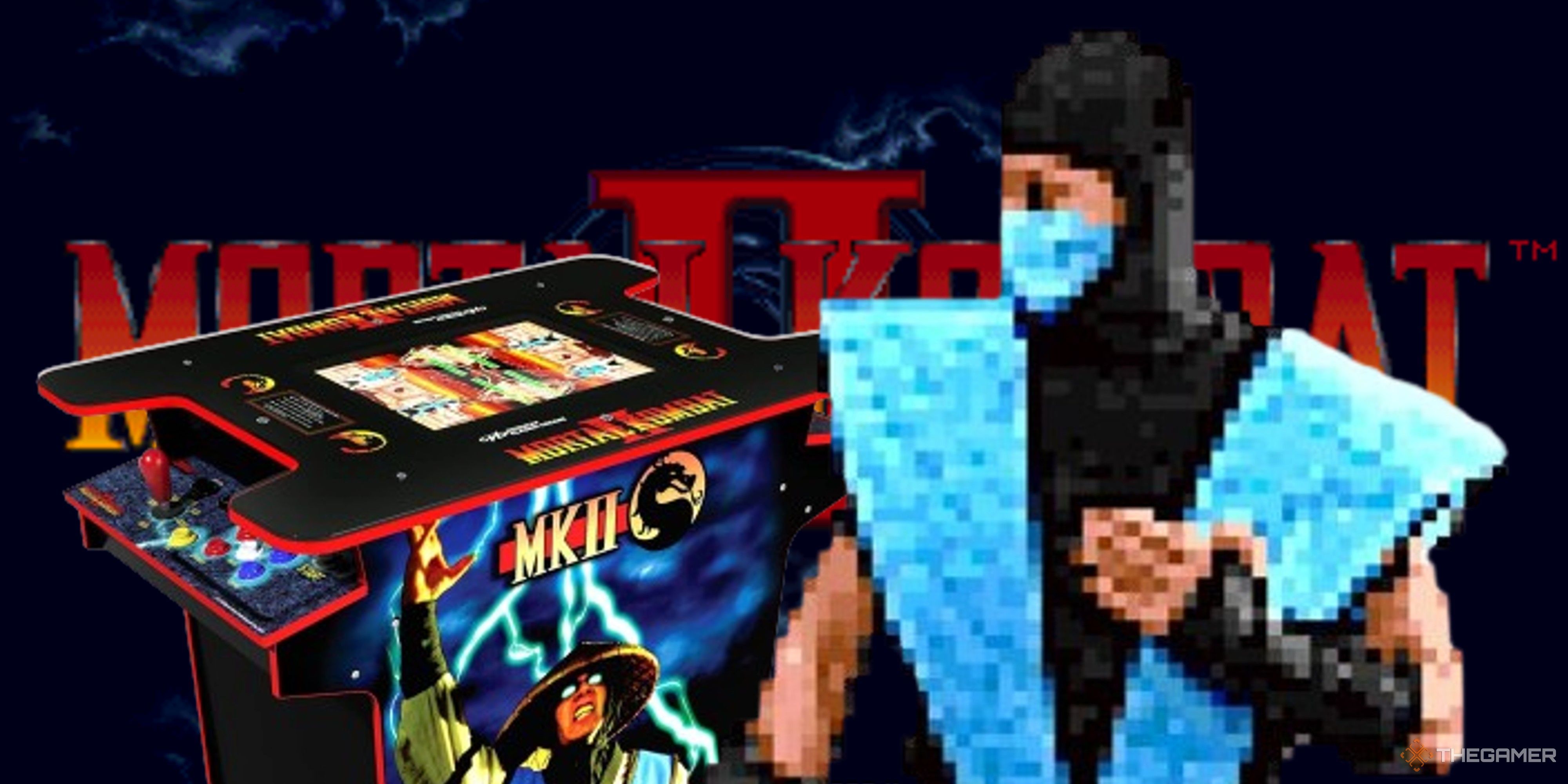 sub zero and an arcade1up mortal kombat table on a mortal kombat 2 title screen