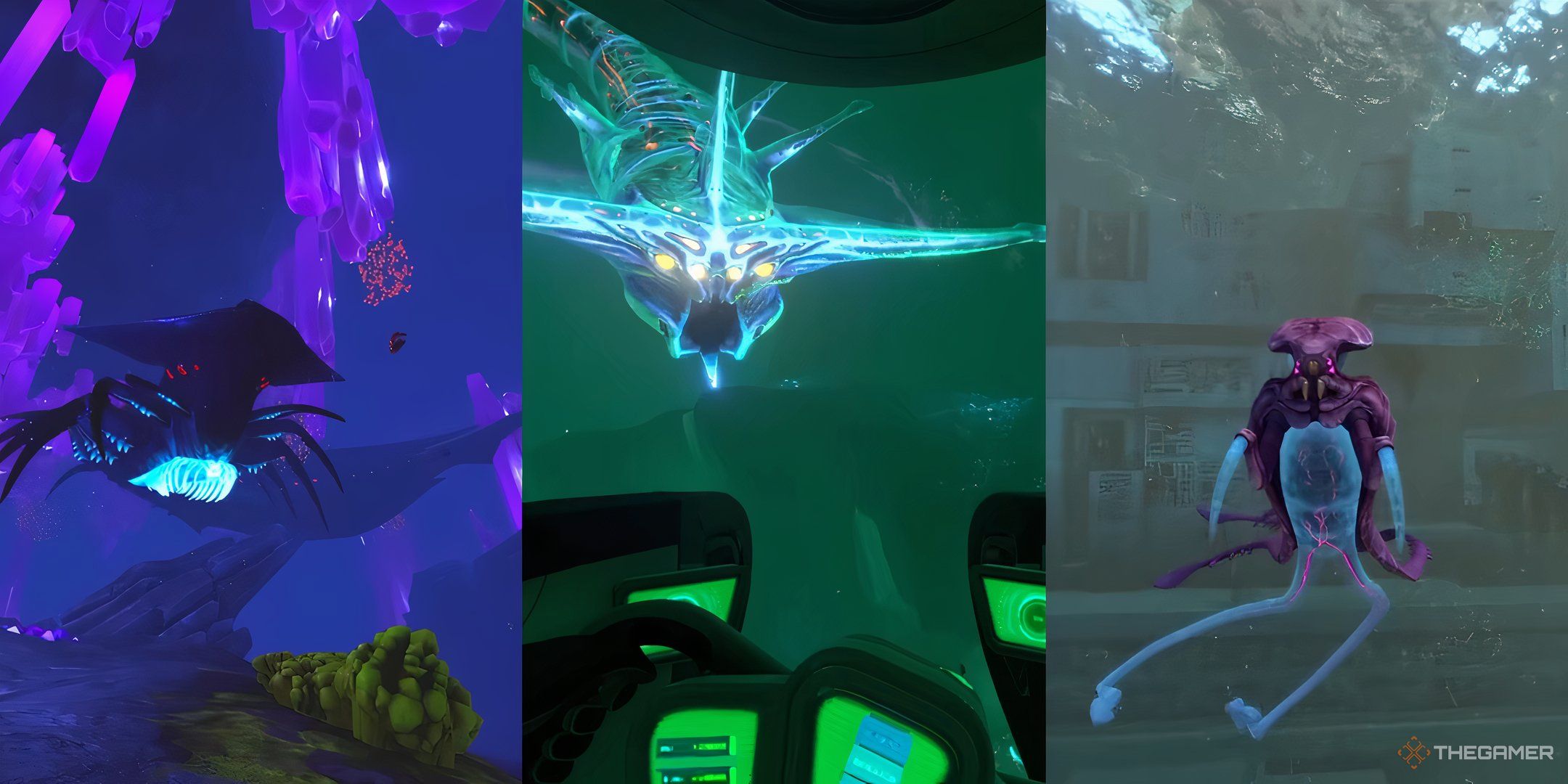 Split images of monsters in Subnautica.