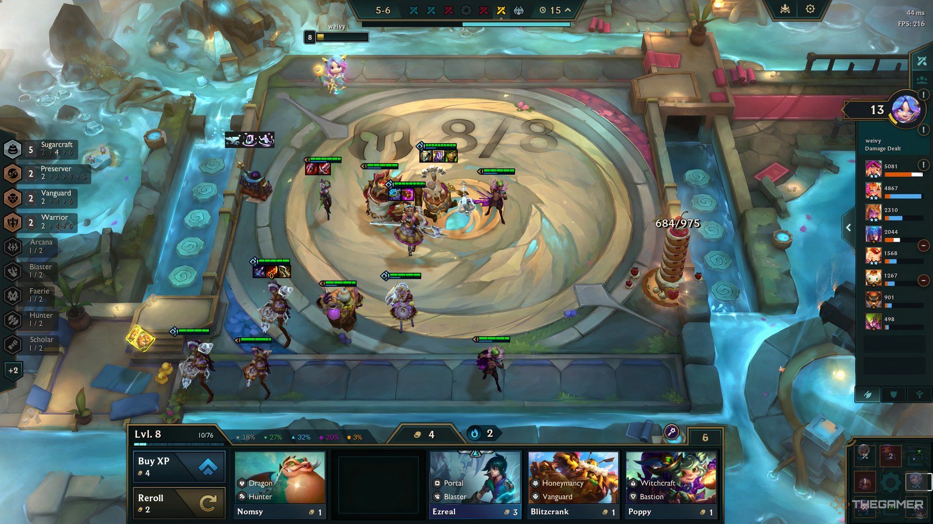 The late game of the Sugarcraft Jinx team composition in Teamfight Tactics Set 12.