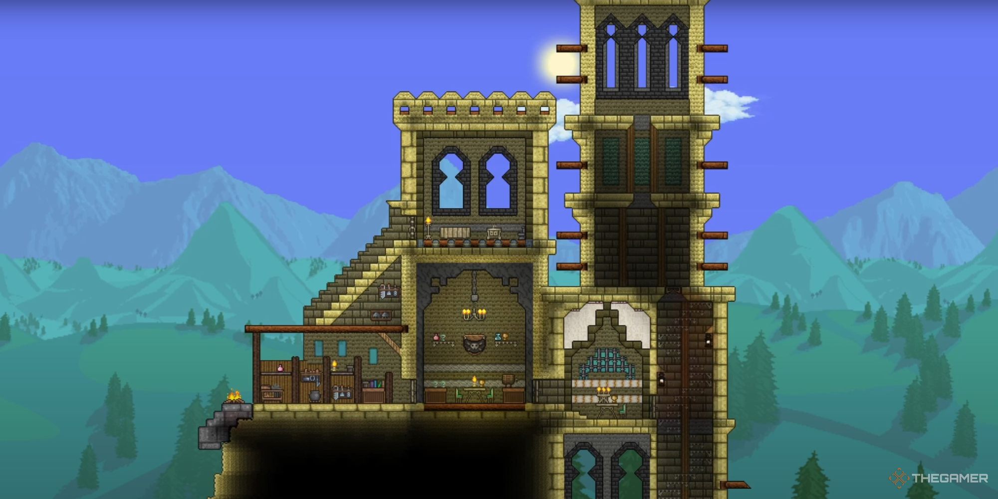 An image from Terraria of a large Desert Castle. This build has two large towers and a general living area, all made out of sandstone.