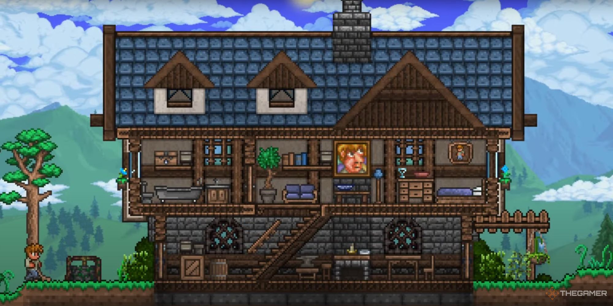 An image from Terraria of a house built specifically for the Guide NPC. This house has two stories and a blue roof. 