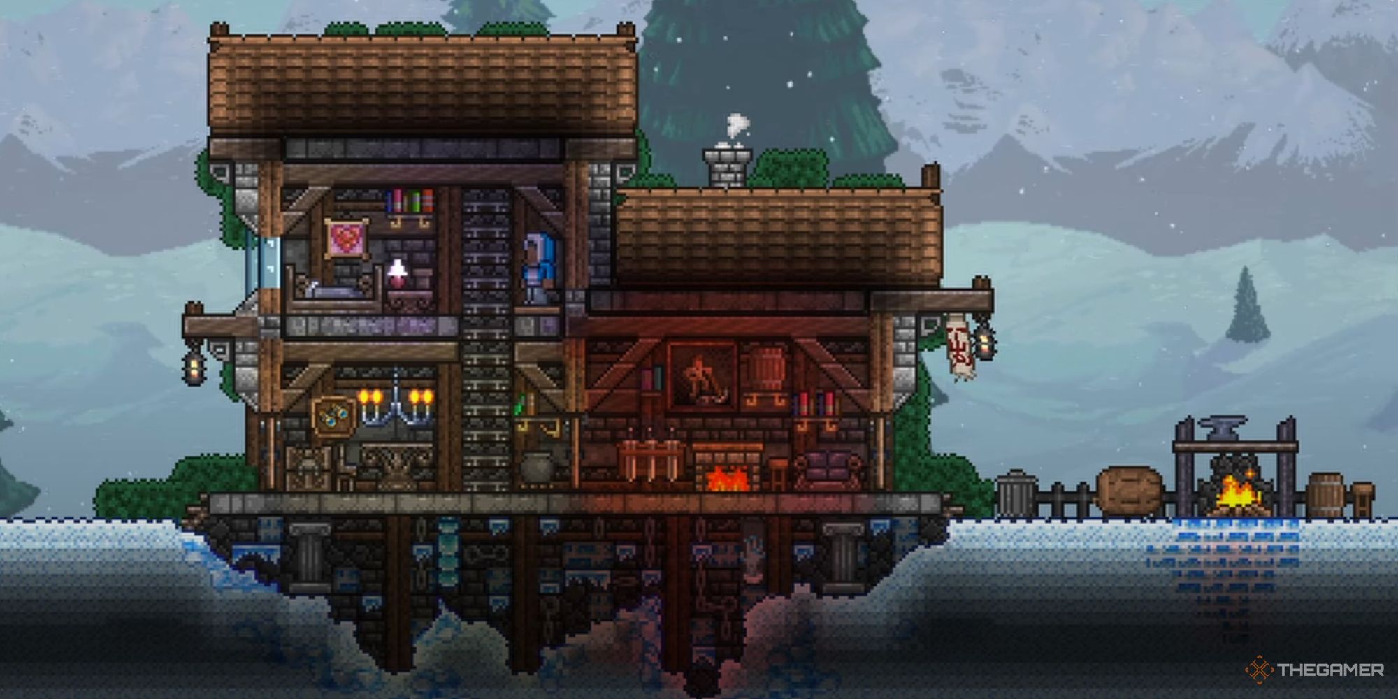 An image from Terraria of a Snow Cabin, built out of wood and stone in a snowy forest.