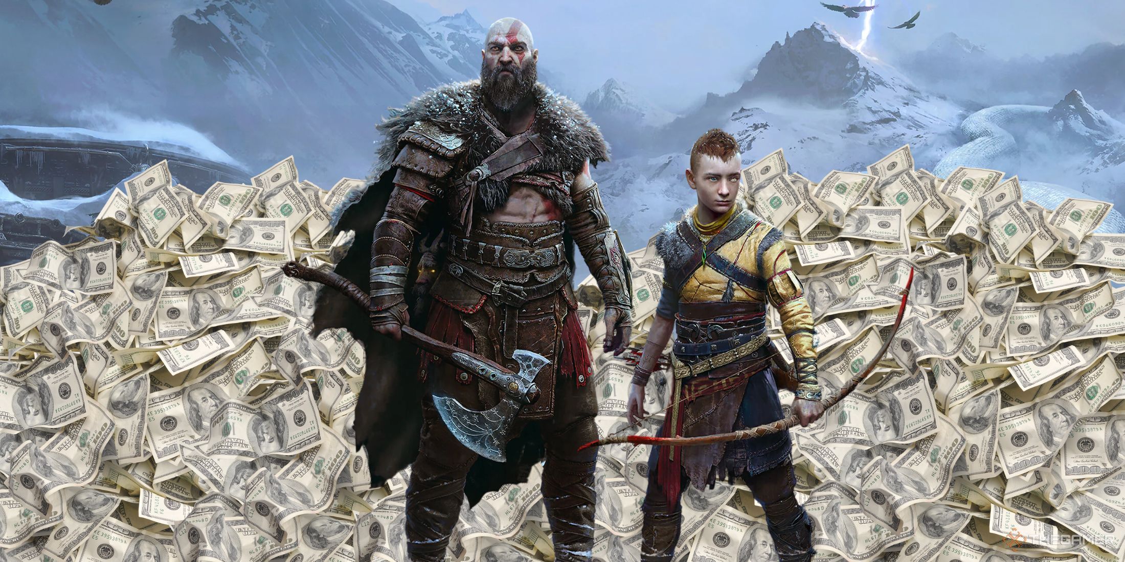 A photo of God of War key art with piles of money behind the main characters.