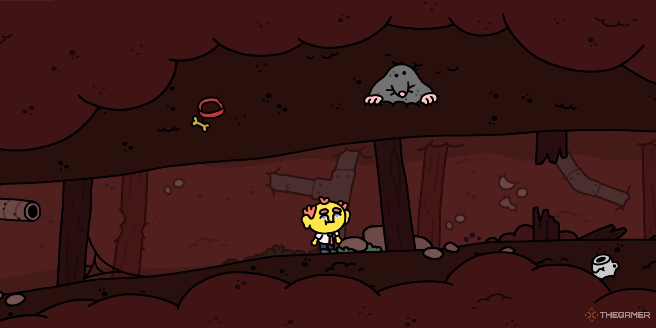 The player character and a mole inside an underground tunnel in Thank Goodness You're Here.