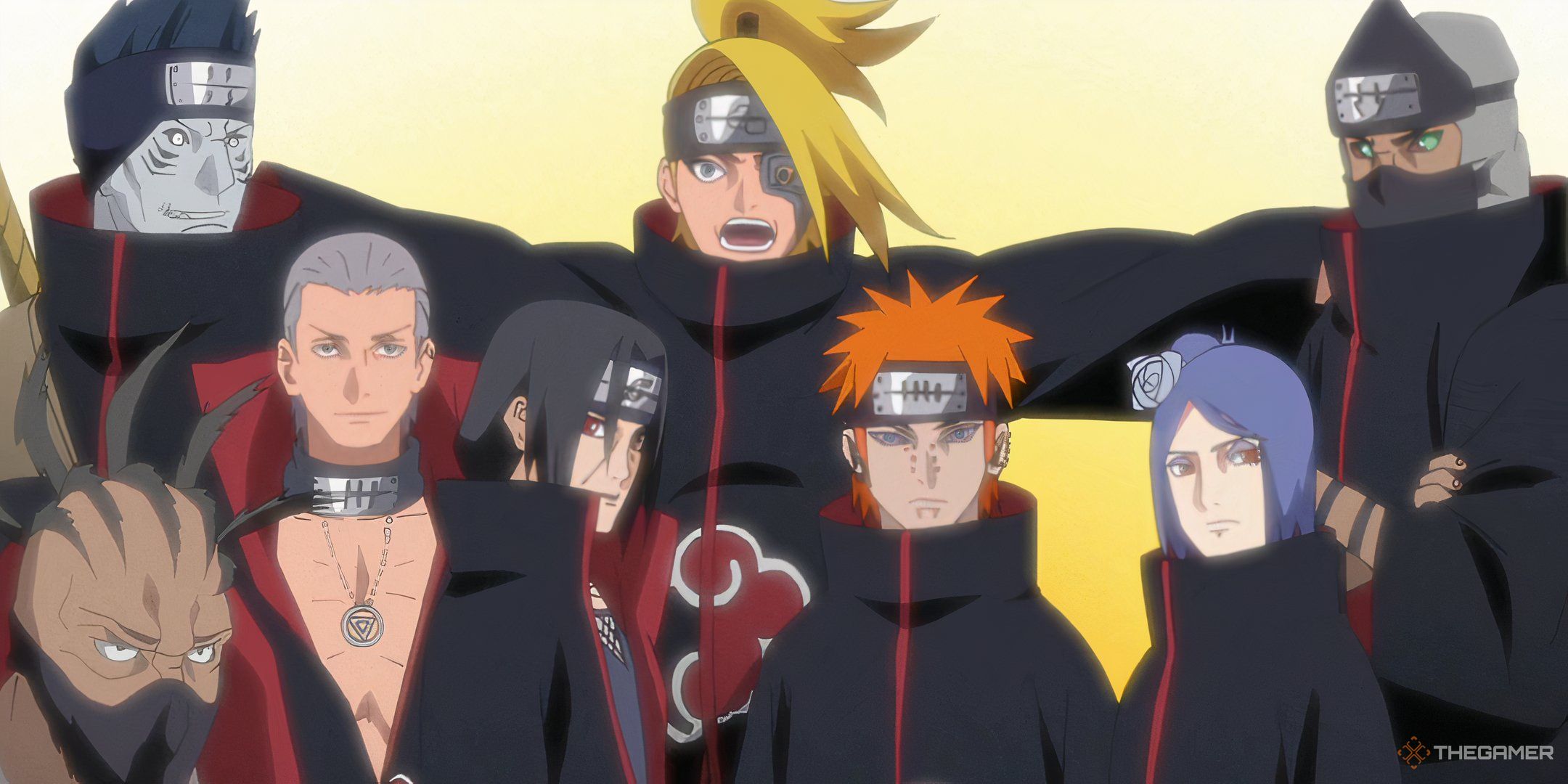 Sasori, Kizame Hidan, Itachi, Deidara, Pain, Konan, and Kakuzo in Akatsuki attire in Naruto.