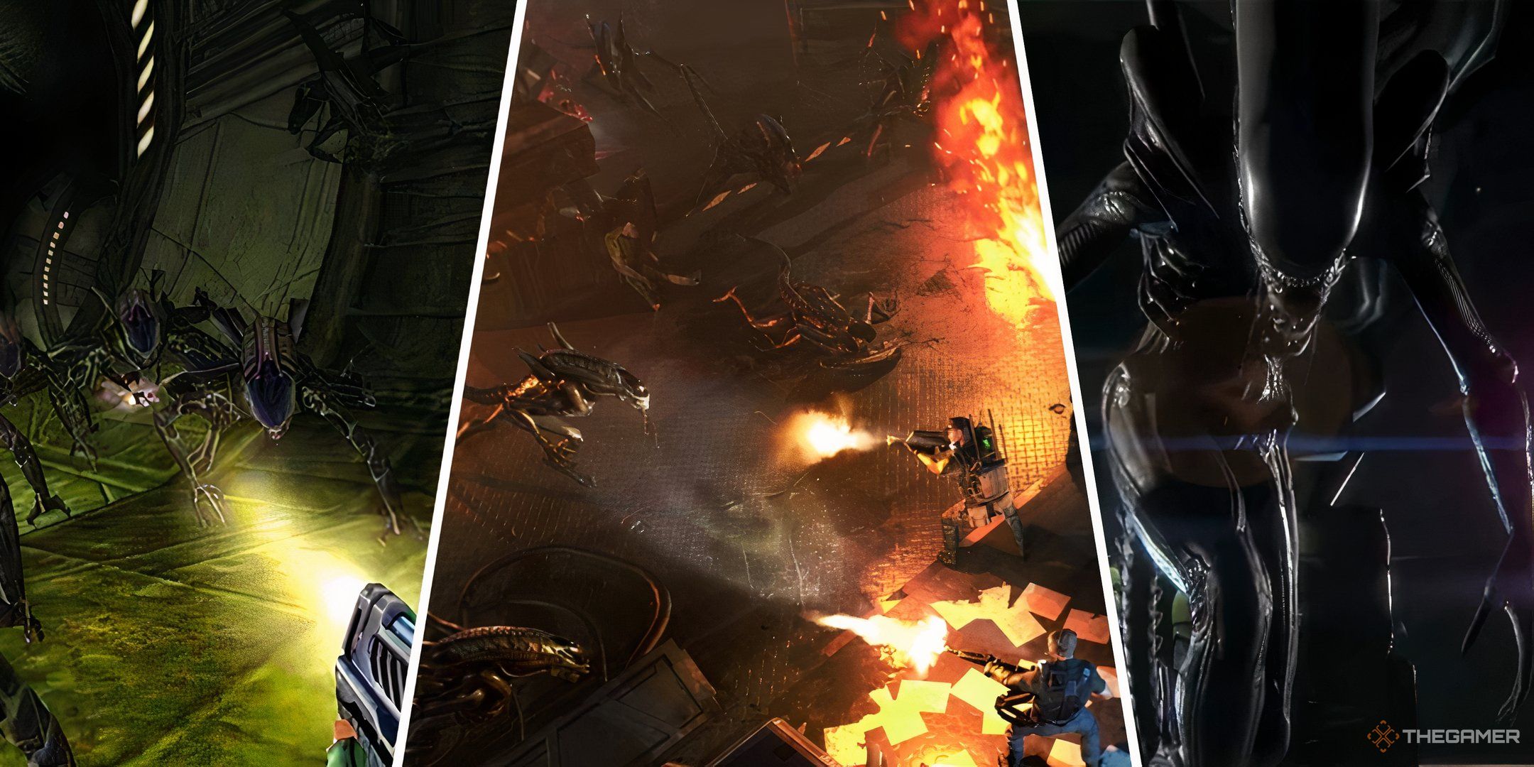 Split Feature Image With Xenomorph Gameplay From Aliens Versus Predator 2, Aliens Dark Descent, And Alien Isolation.