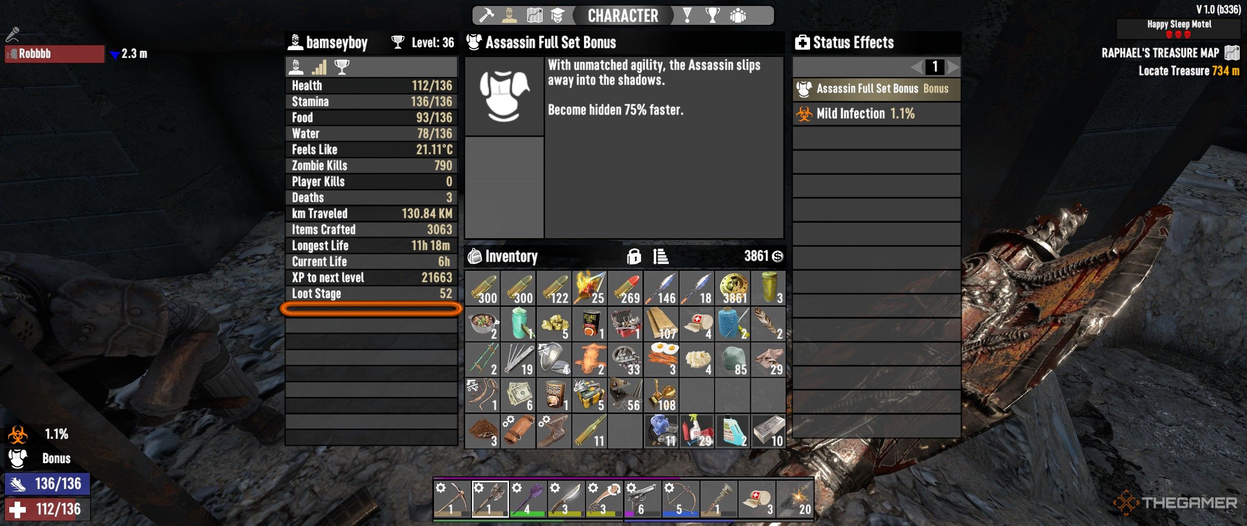 The character stats screen with loot level underlined in 7 Days to Die.