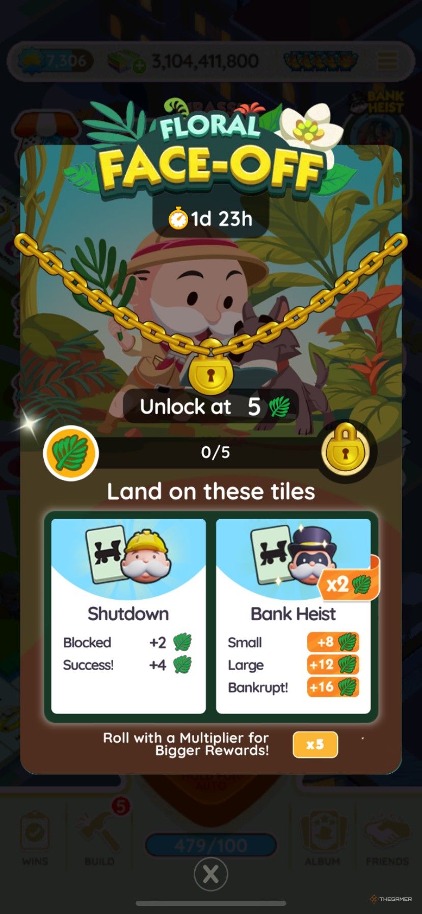 The intro screen for Floral Face-Off in Monopoly Go showing the double point value for Bank Heists.