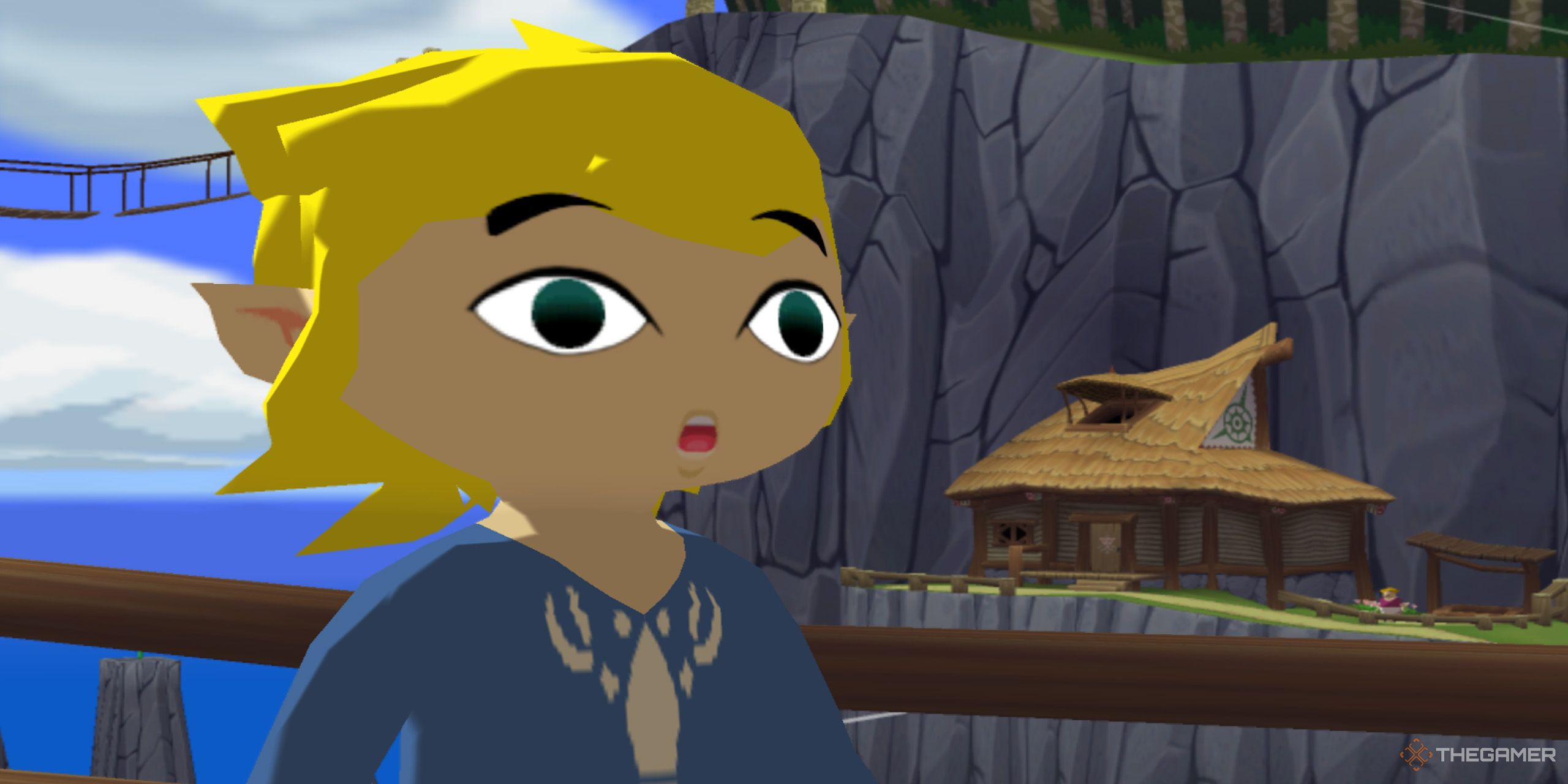 Toon Link looking surprised on Outset Island from The Legend of Zelda: The Wind Waker.