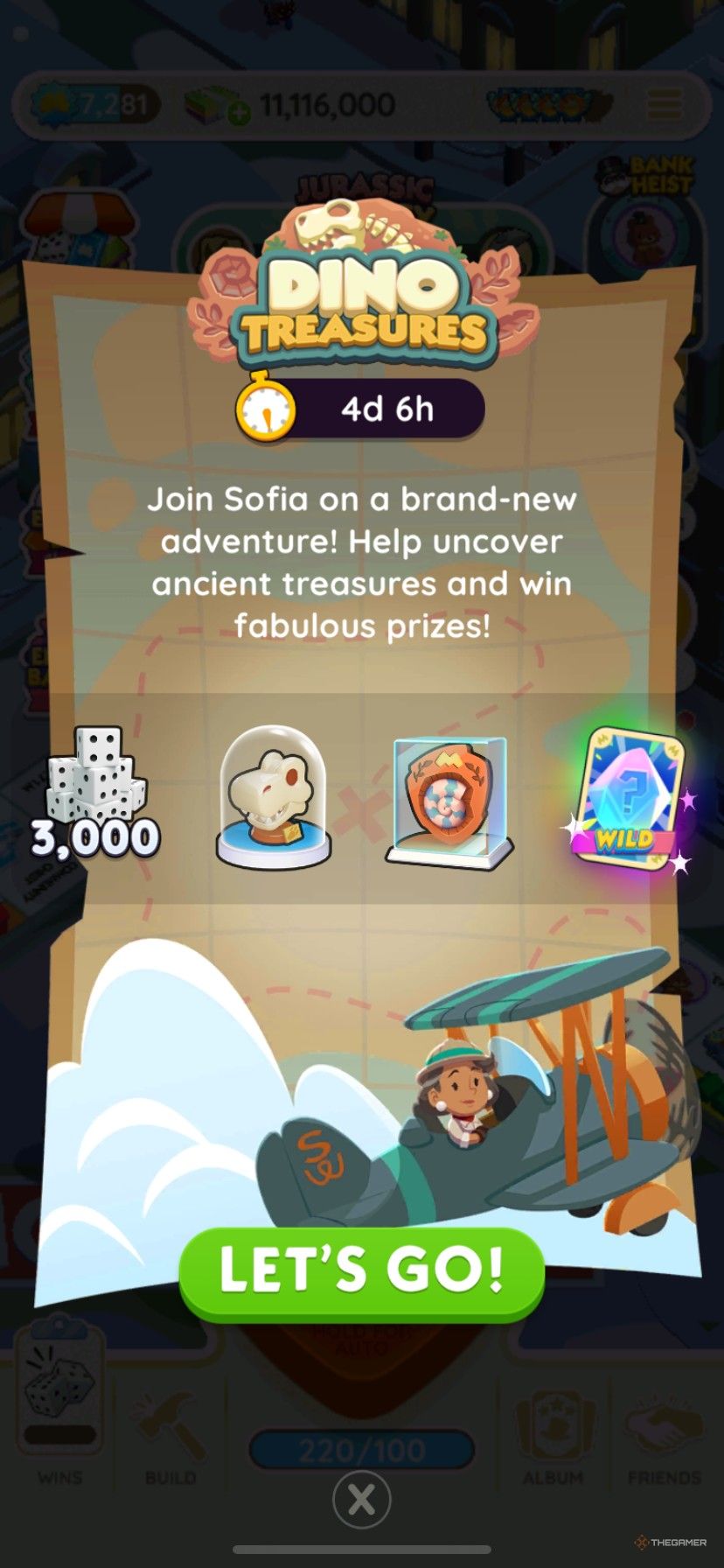 The reward list highlights for Dino Treasures in Monopoly Go.