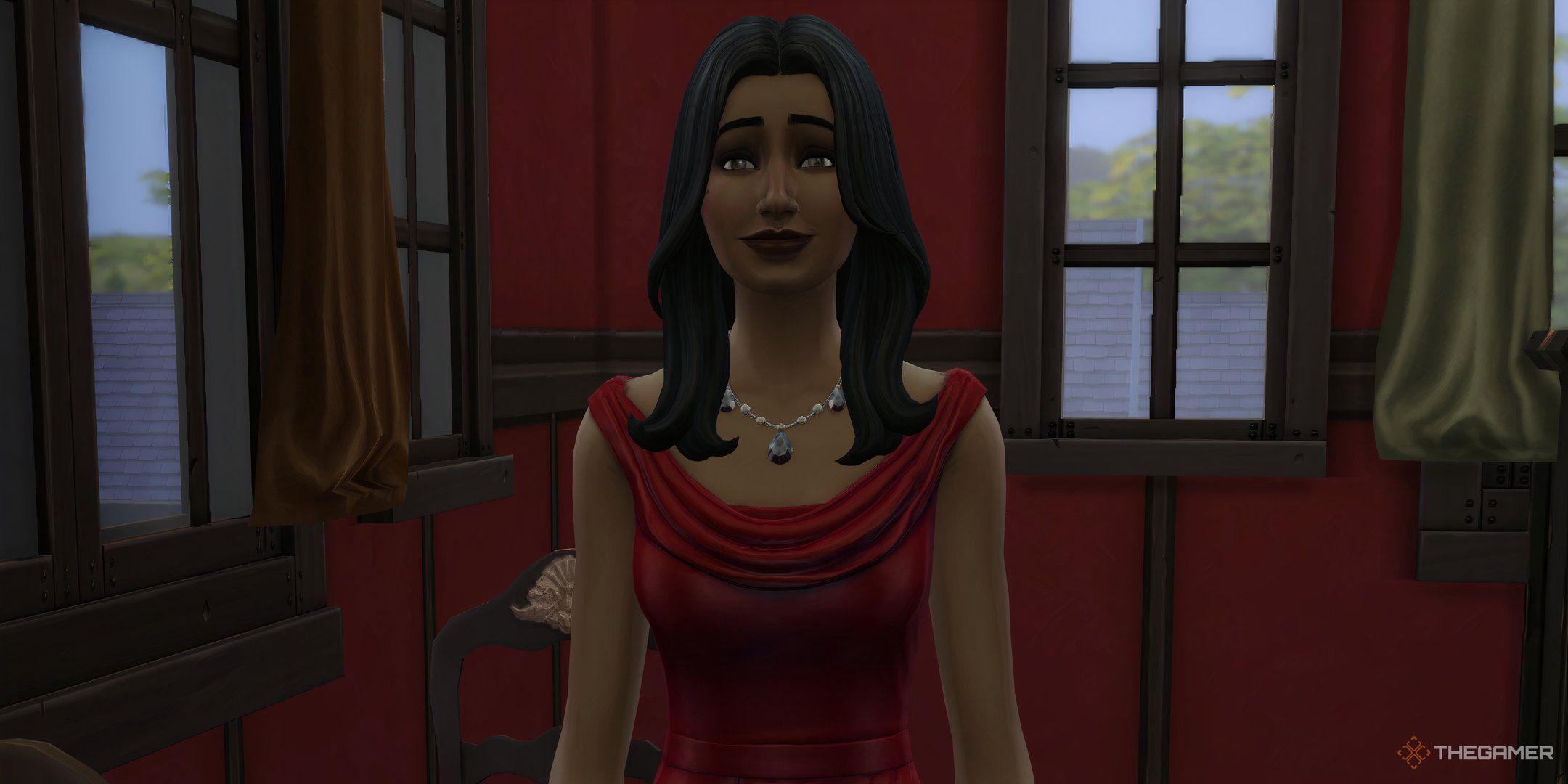 The Sims 4 Bella Goth in front of some windows in her home.