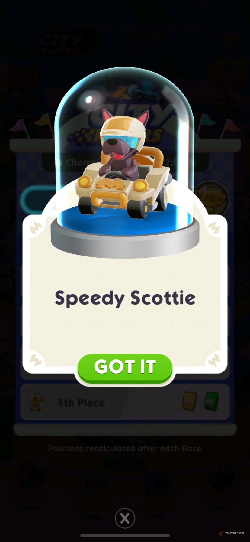The Speedy Scottie token available for coming in first place in Cirty Racers in Monopoly Go.