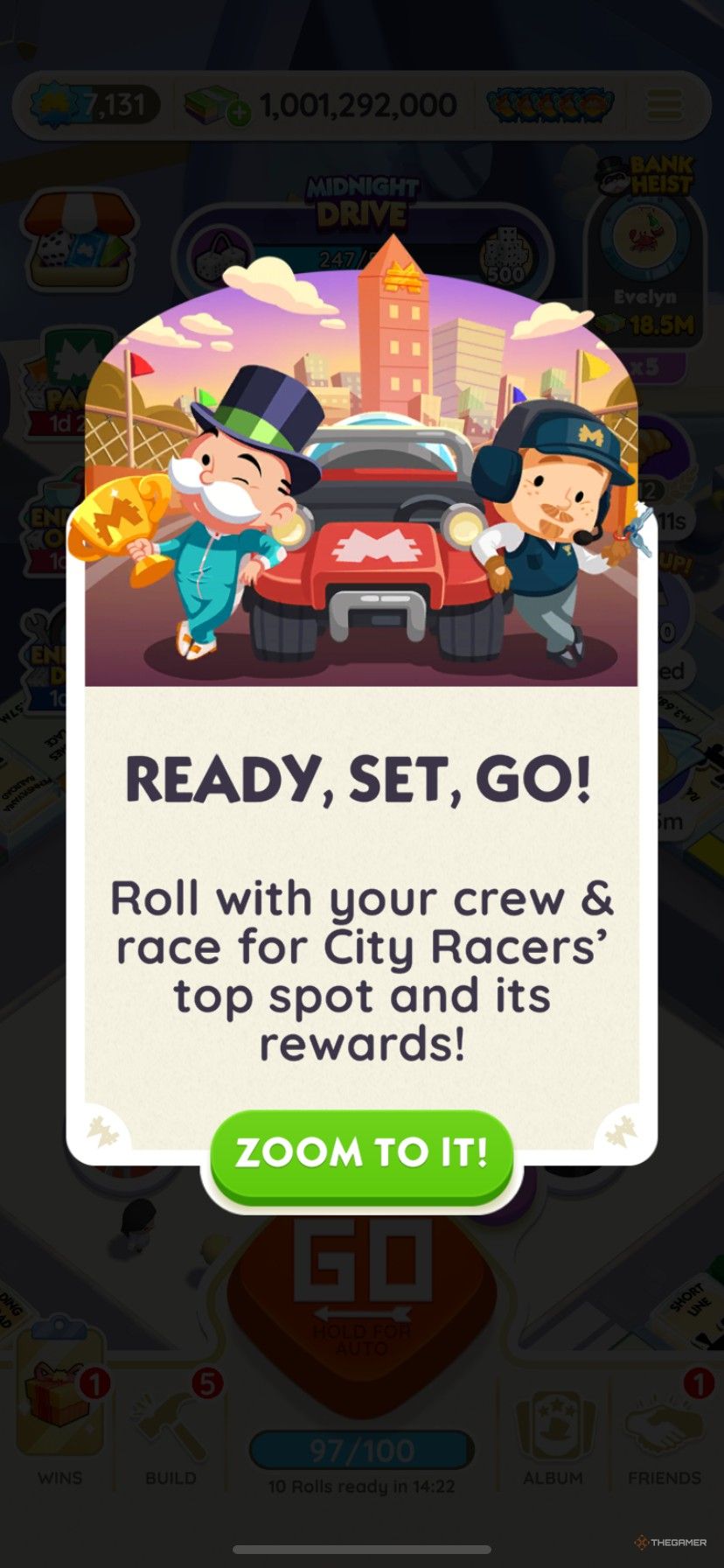 The start screen for City Racers in Monopoly Go.