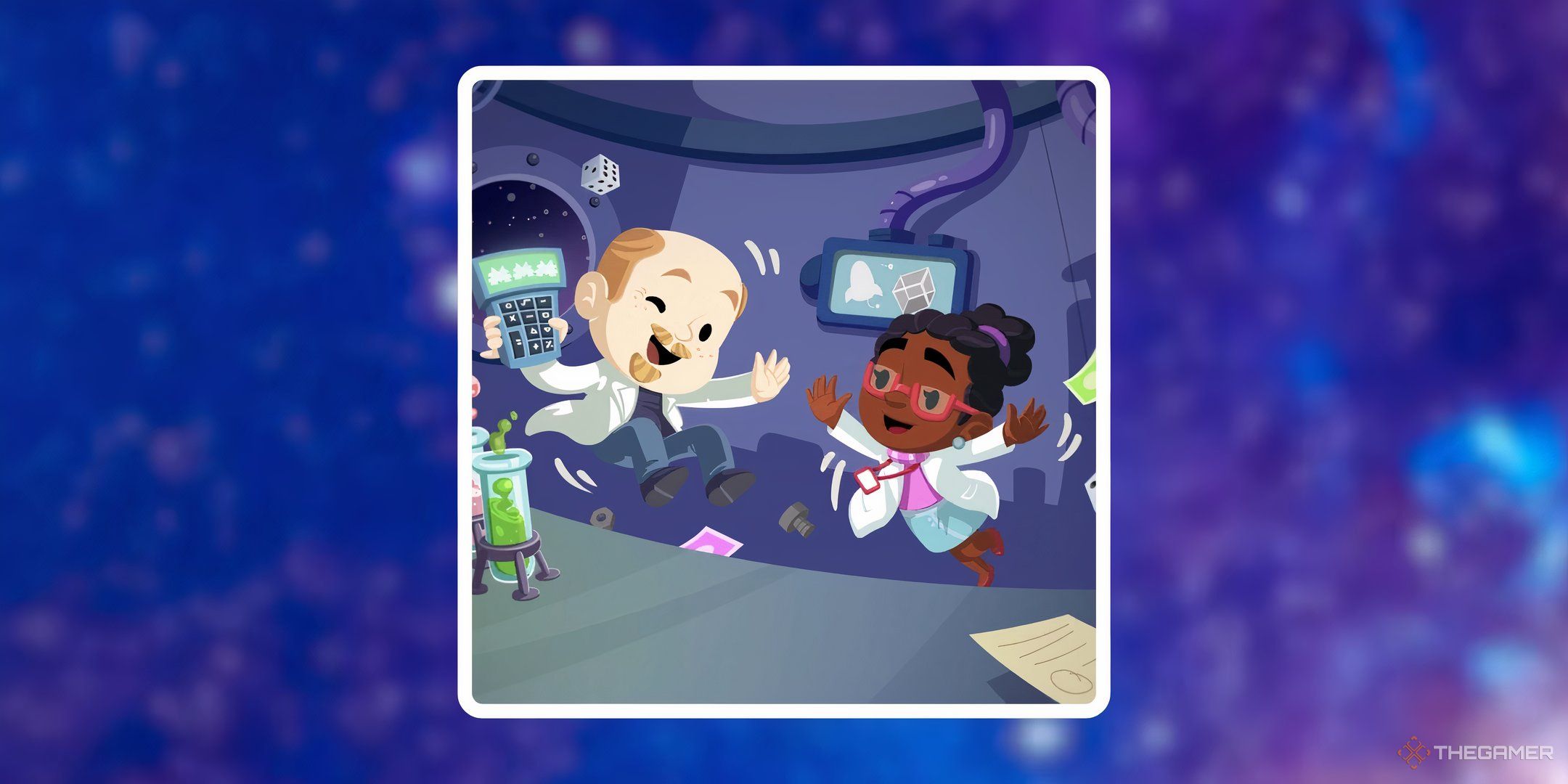 The two scientist characters from Laboratory Lift-Off in Monopoly Go against a galaxy background.