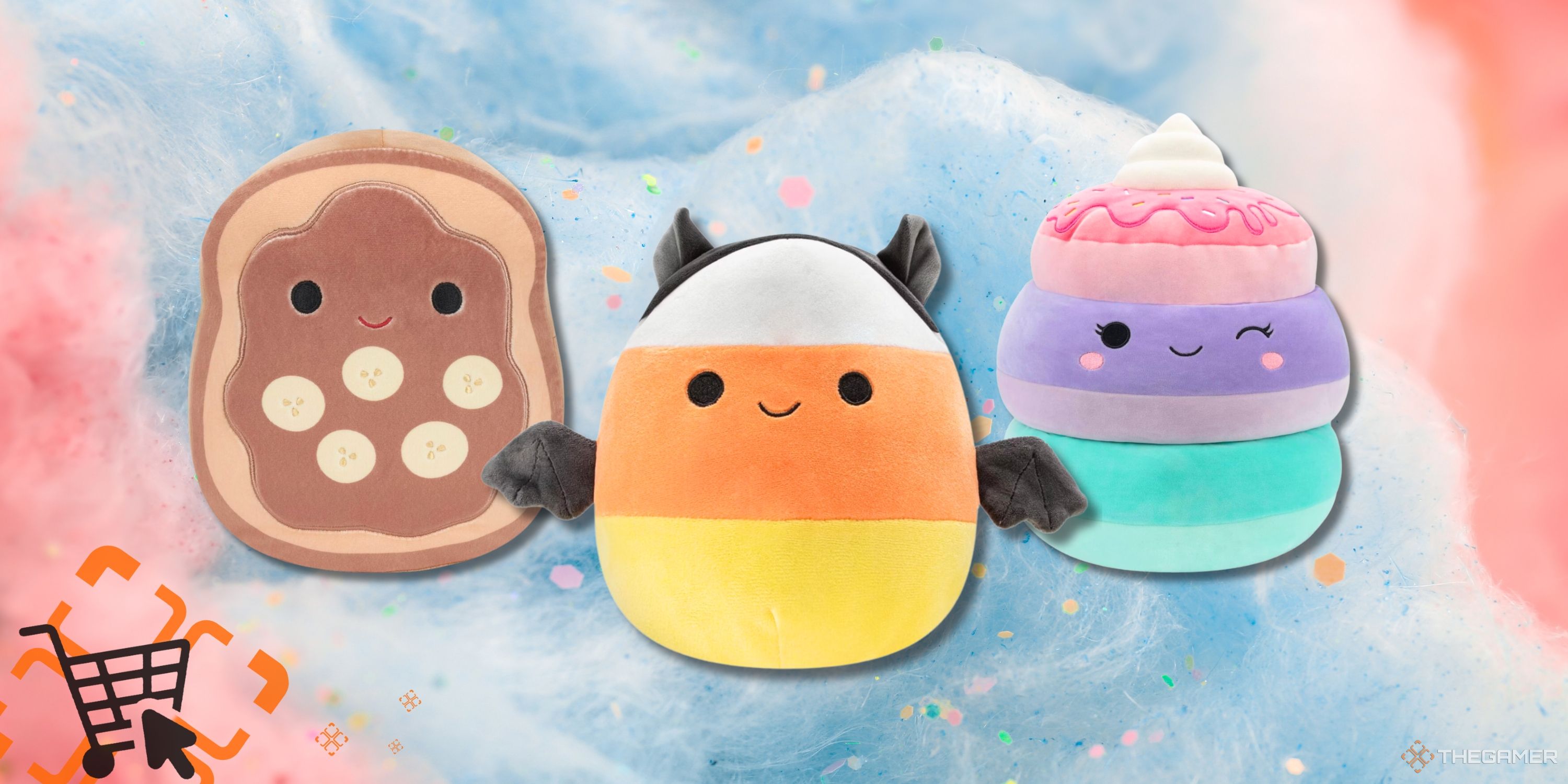 Three food themed squishmallows in front of a cotton candy background