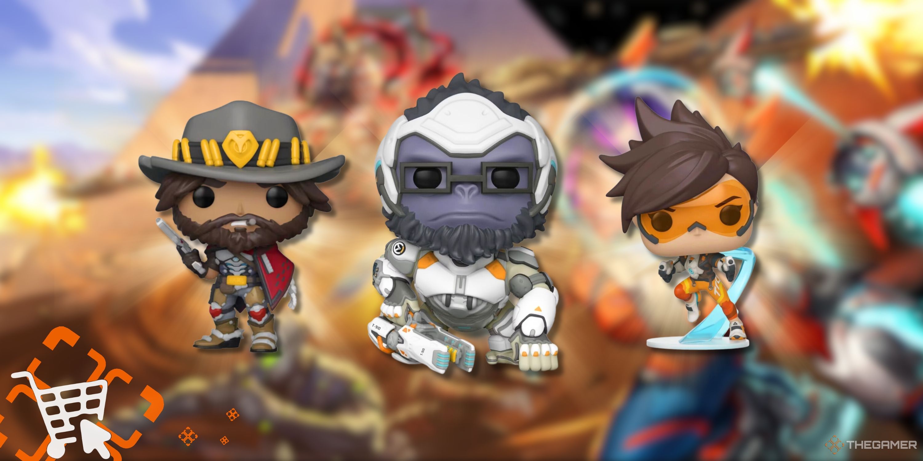 Three overwatch themed funko pop toys - Cassidy, Winston, Tracer