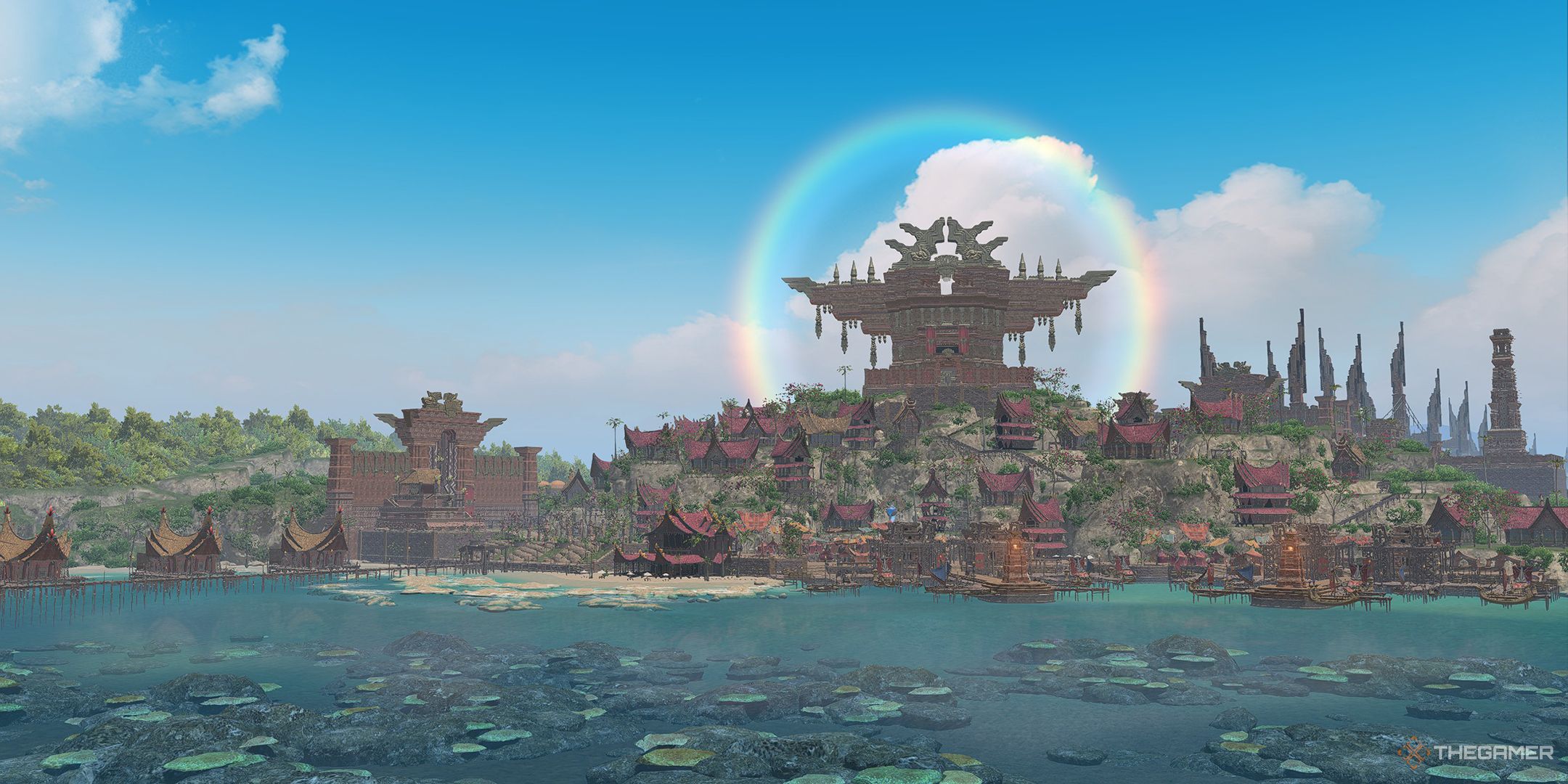 The vibrant city of Tuliyollal with a circular rainbow around the Dawnthrone.