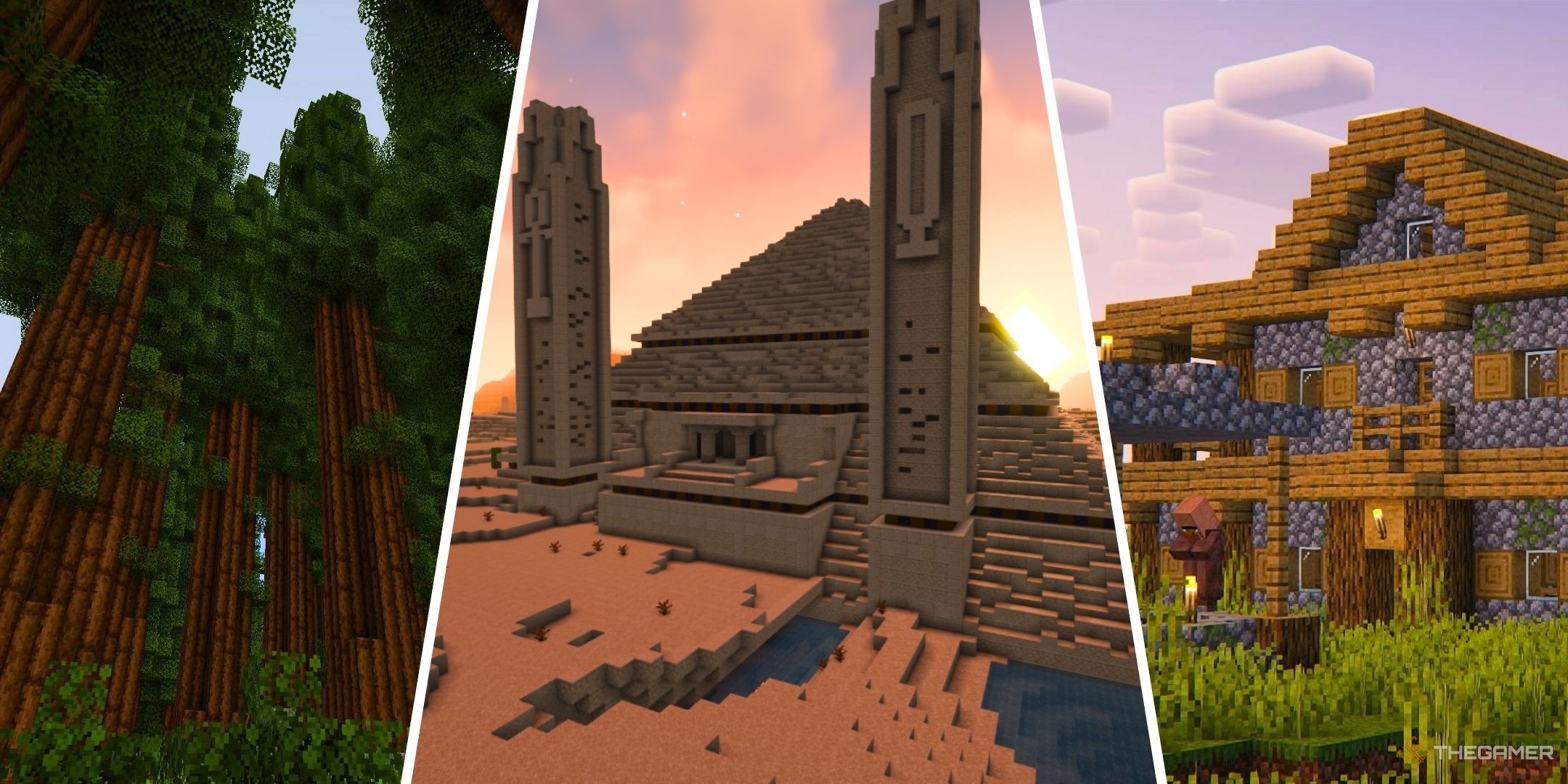 From left to right: tall, thick trees with dark green bark and leaves, the exterior of a pyramid shaped desert temple, and a multi-story village building made of cobblestone and oak.