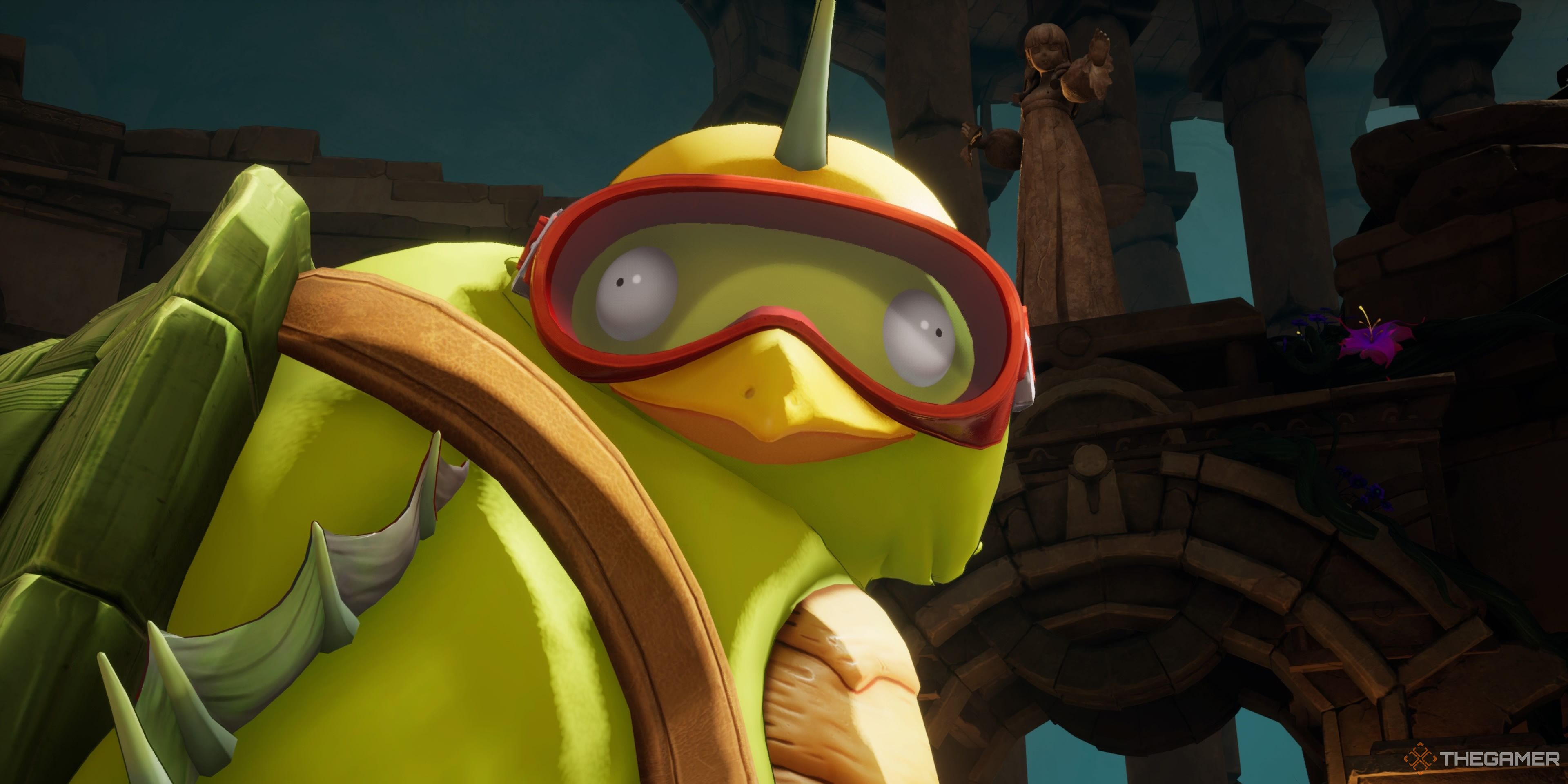 Vascav wearing his goggles in the Tatoh Temple in Visions Of Mana.