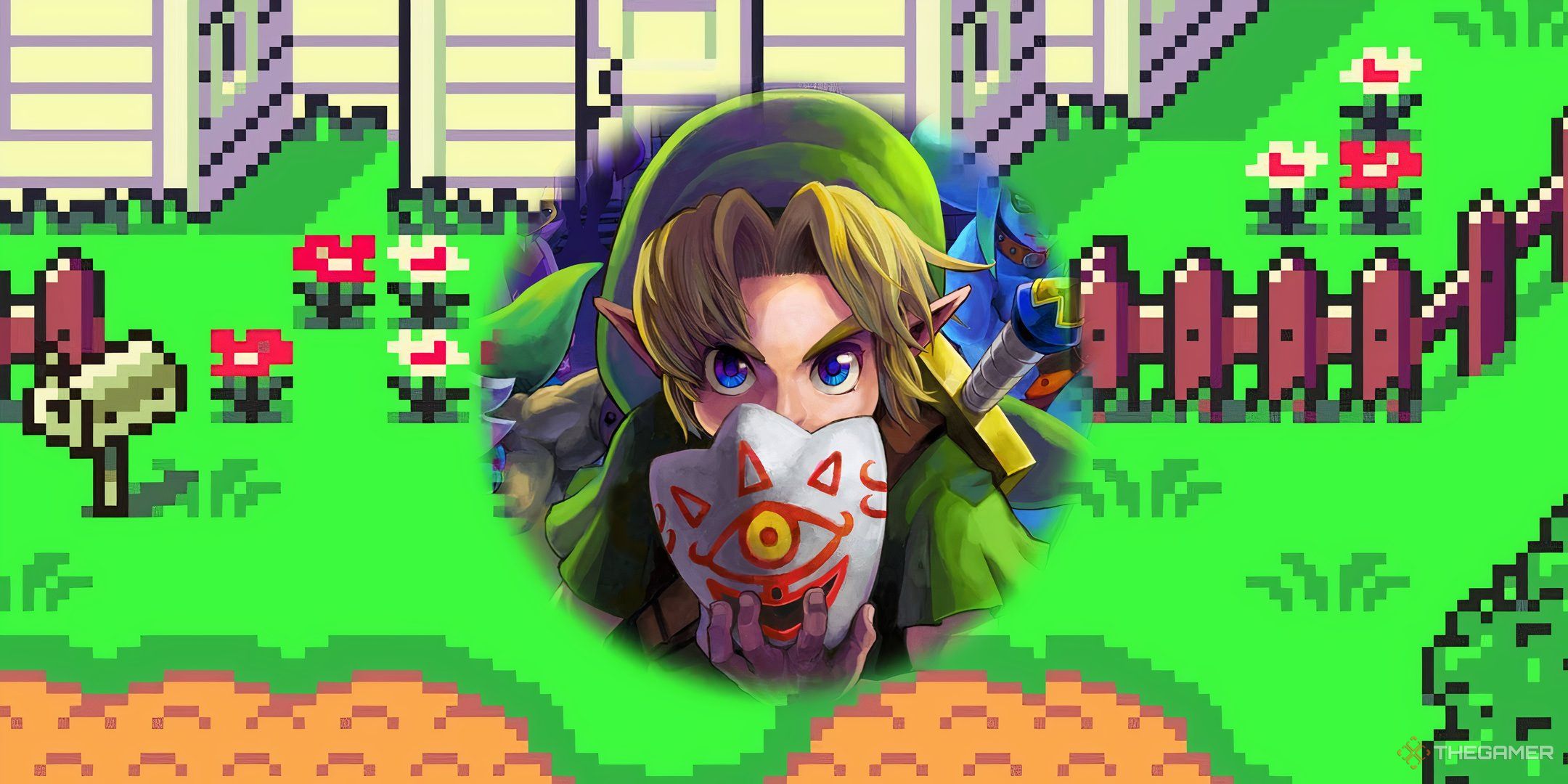 Young Link from Majoras Mask holding up Sheikak Mask over pixelated background from Earthbound.