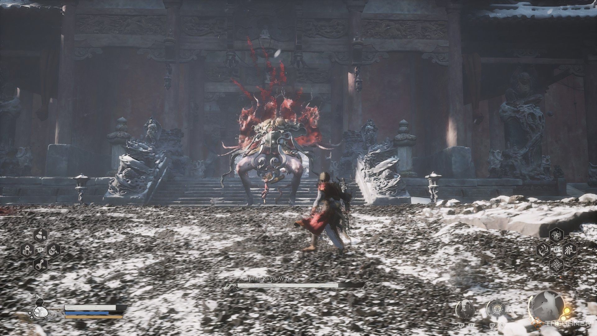 Captain Kalpa-Wave is throwing blood projectiles at the Destined One in Black Myth: Wukong.