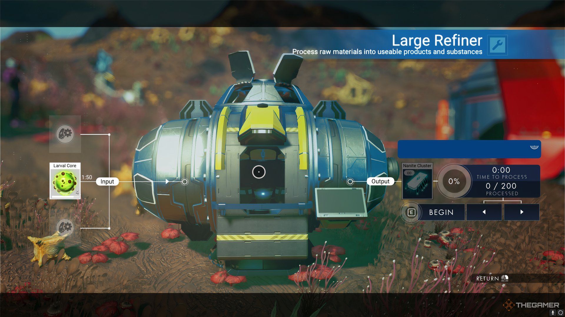 Using a Refiner to turn Larval Cores into Nanites in No Man’s Sky.