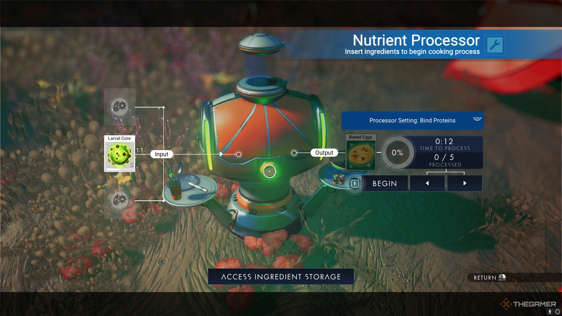 Using a Nutrient Processor to turn a Larval Core into Baked Eggs in No Man’s Sky.