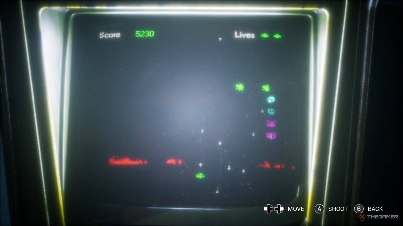 A video game interface, with a Space Invaders-like arcade game, from the game Casting of Frank Stone.