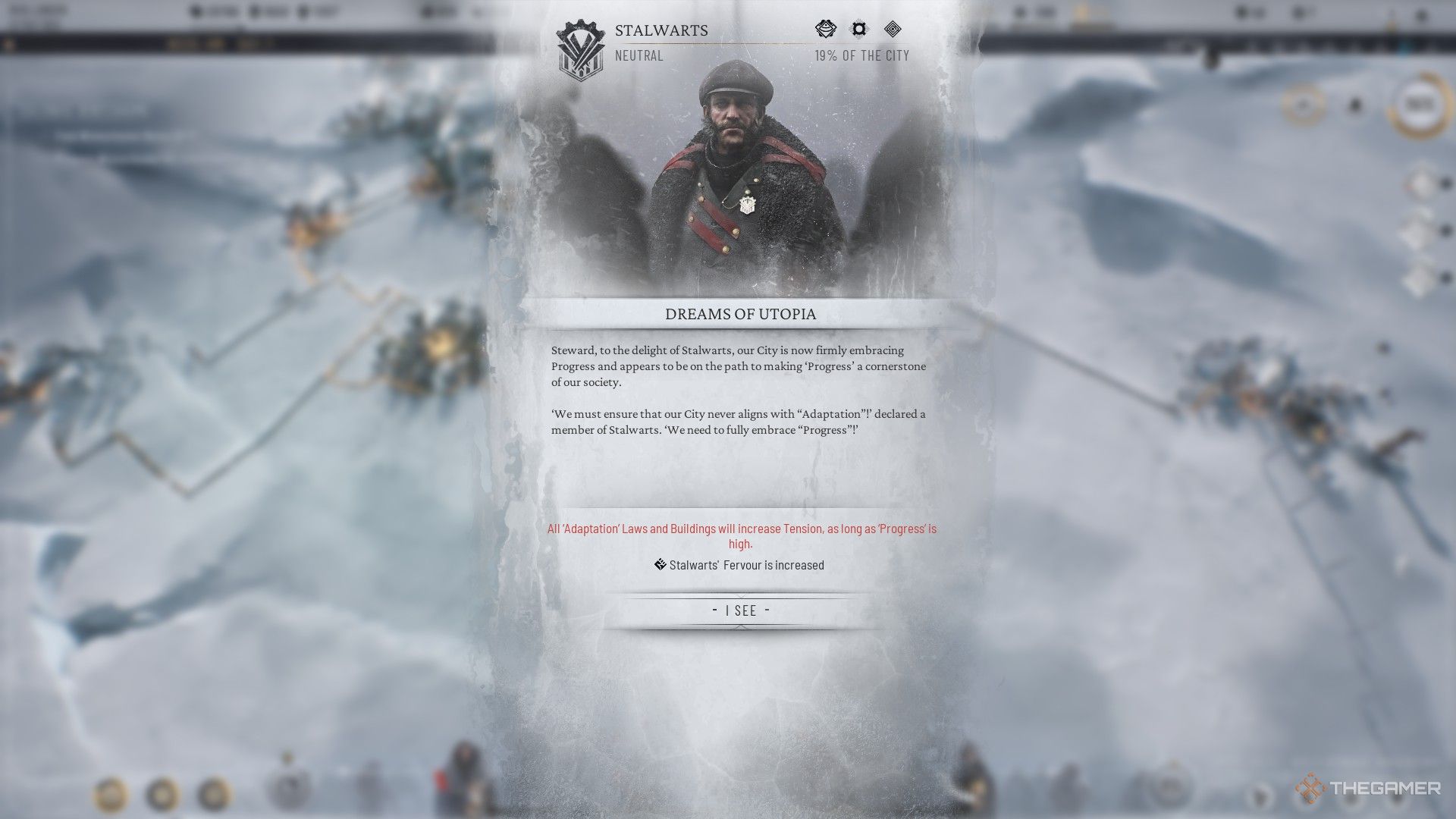 The Stallwarts protest the adaptation policies in Frostpunk 2.