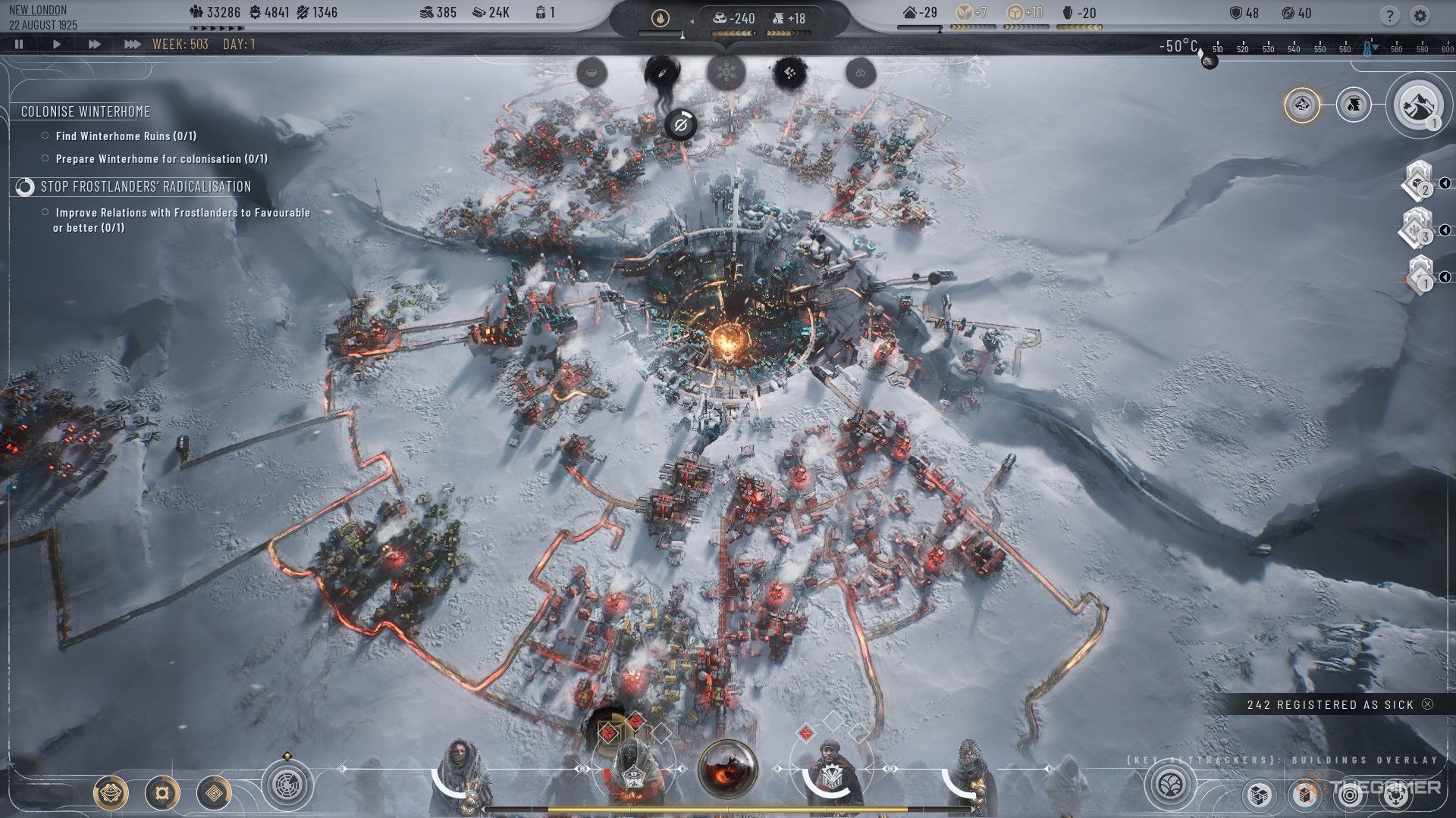 a city with high tension indicated by red street lights in Frostpunk 2.