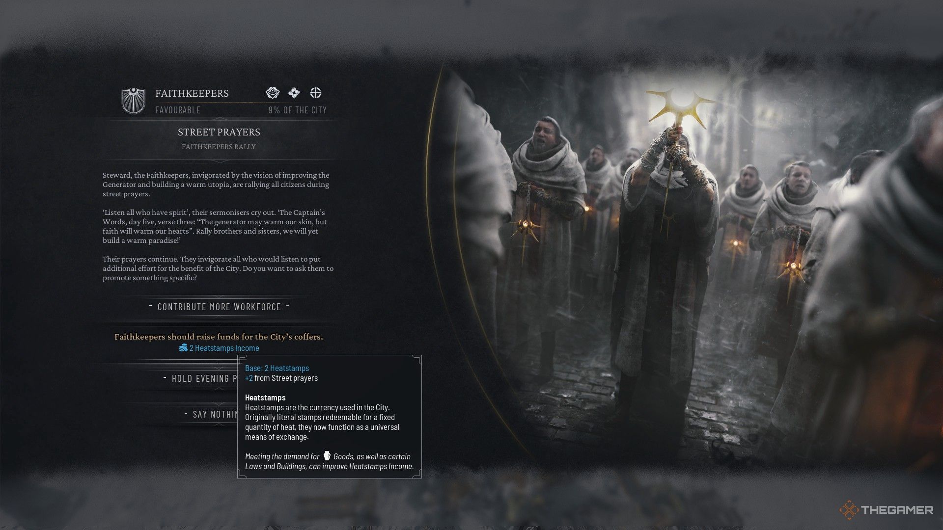Faithkeepers یک رالی را شروع می‌کند و بازیکن انتخاب می‌کند تا از نشانه‌های حرارتی بیشتری در Frostpunk 2 لذت ببرد.