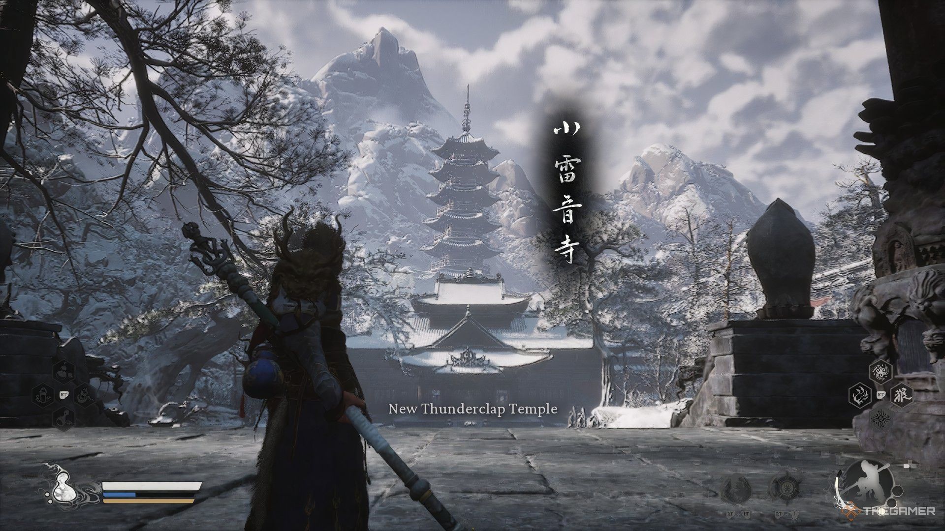 The image shows the Destined One entering the New Thunderclap Temple after defeating Captain Kalpa-Wave in Black Myth: Wukong.