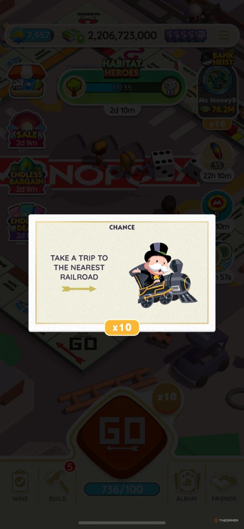 A chance card sending you to a railroad in Monopoly Go in Habitat Heroes.