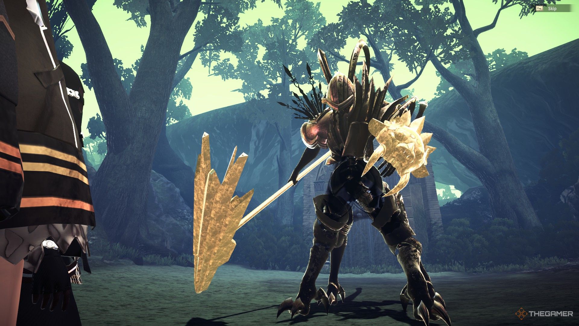 A character in Reynatis facing down an enemy in Dominus Forest
