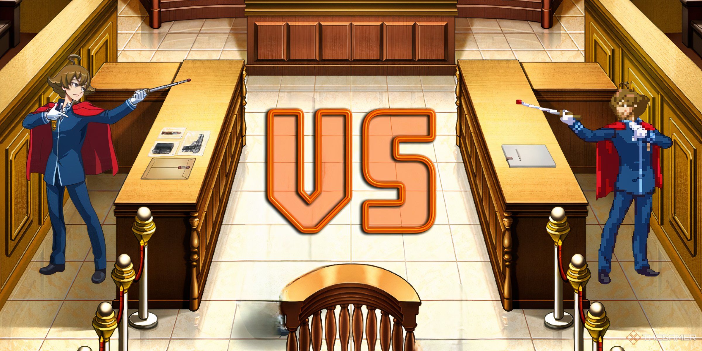 A courtroom from Ace Attorney with the old and new sprites for Eustace Winner and a VS symbol overlaid.