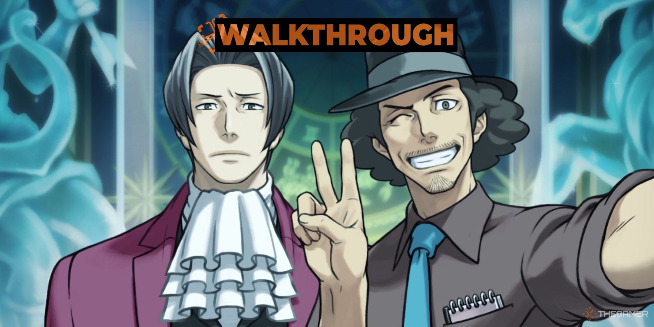 A picture of Edgeworth and Eddie in from Ace Attorney Investigations with the walkthrough logo overlaid.