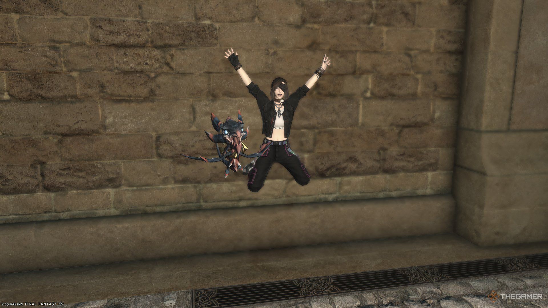 A player jumping for joy with the Clockwork Twintania minion in Final Fantasy 14.