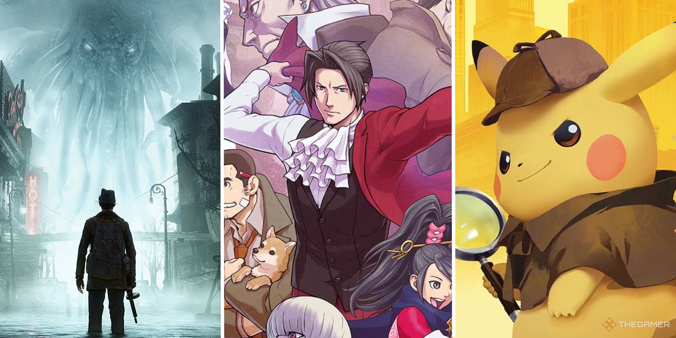 A split image showing artwork from The Sinking City, Ace Attorney Investigations, and Detective Pikachu.-1