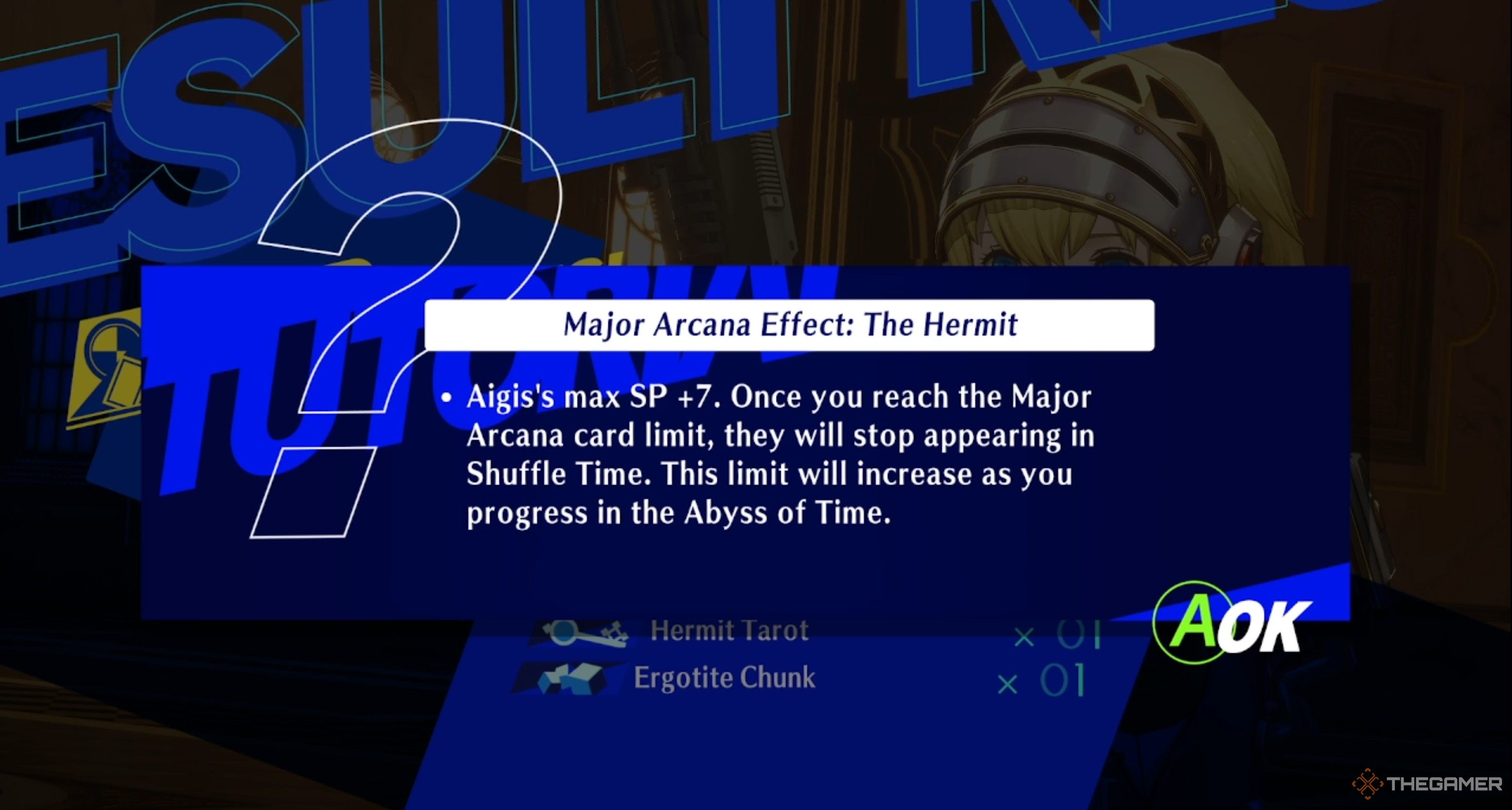 Aigis getting the Persona 3 Reload Major Arcana card of the Hermit.
