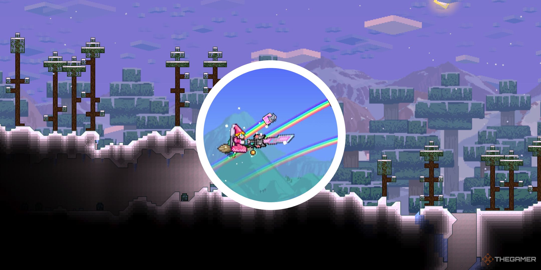 An icy Terraria biome with a Minecraft texture pack in the background, with a circle PNG showing a player using Meowmere with nyan cats shooting from it