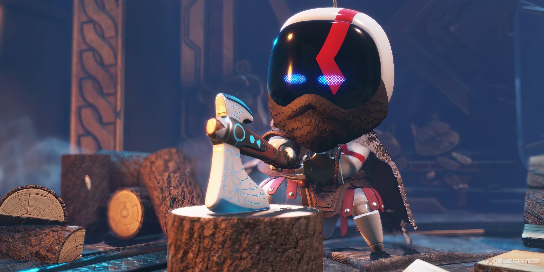 Astro Bot. Bot of War. The Kratos bot is chopping wood.