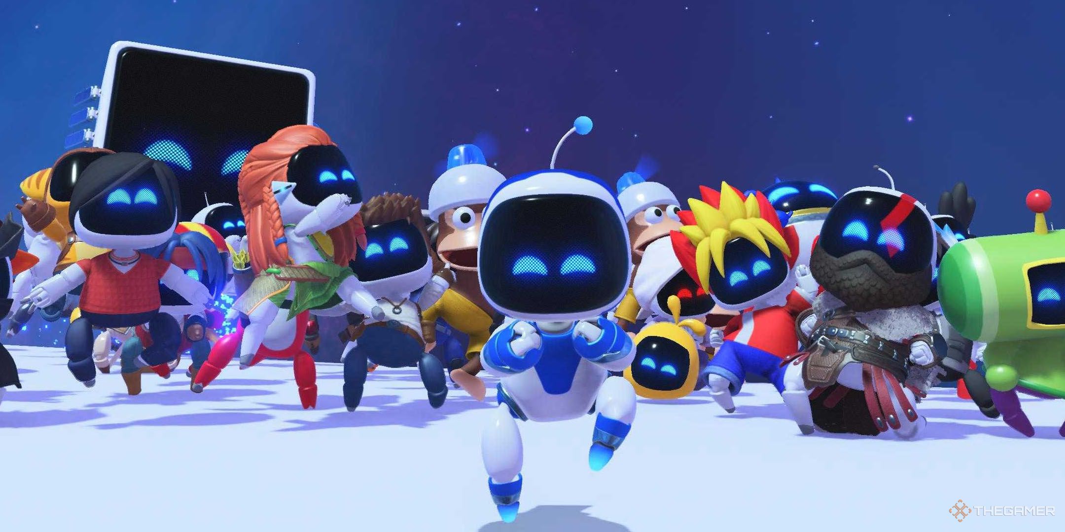 Astro Bot celebrating on top of the PS5 in space with a bunch of cameos like Aloy from Horizon and Kratos from God of War