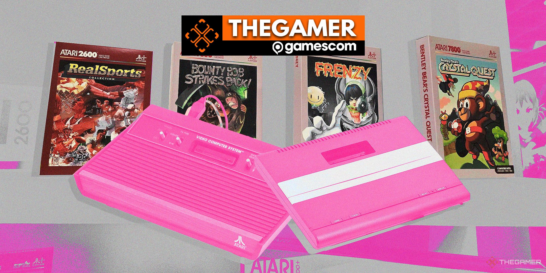 Atari consoles and games with the Gamescom logo at the top.