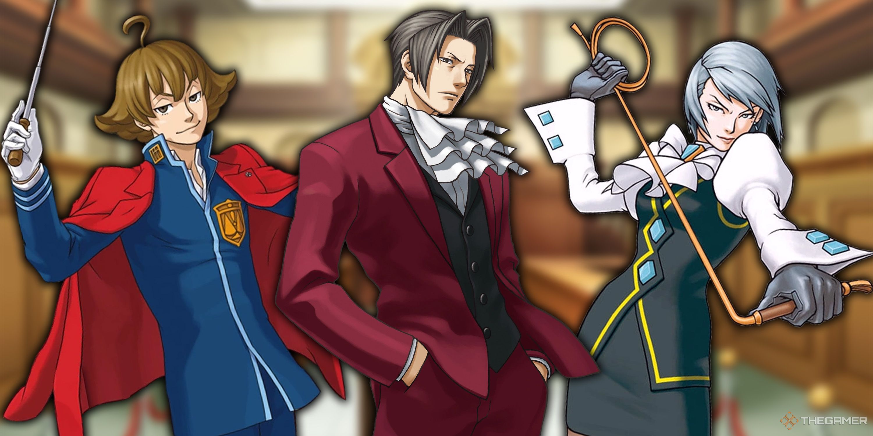 Eustace Winner, Miles Edgeworth, and Franziska von Karma standing side by side in a courtroom from Ace Attorney.