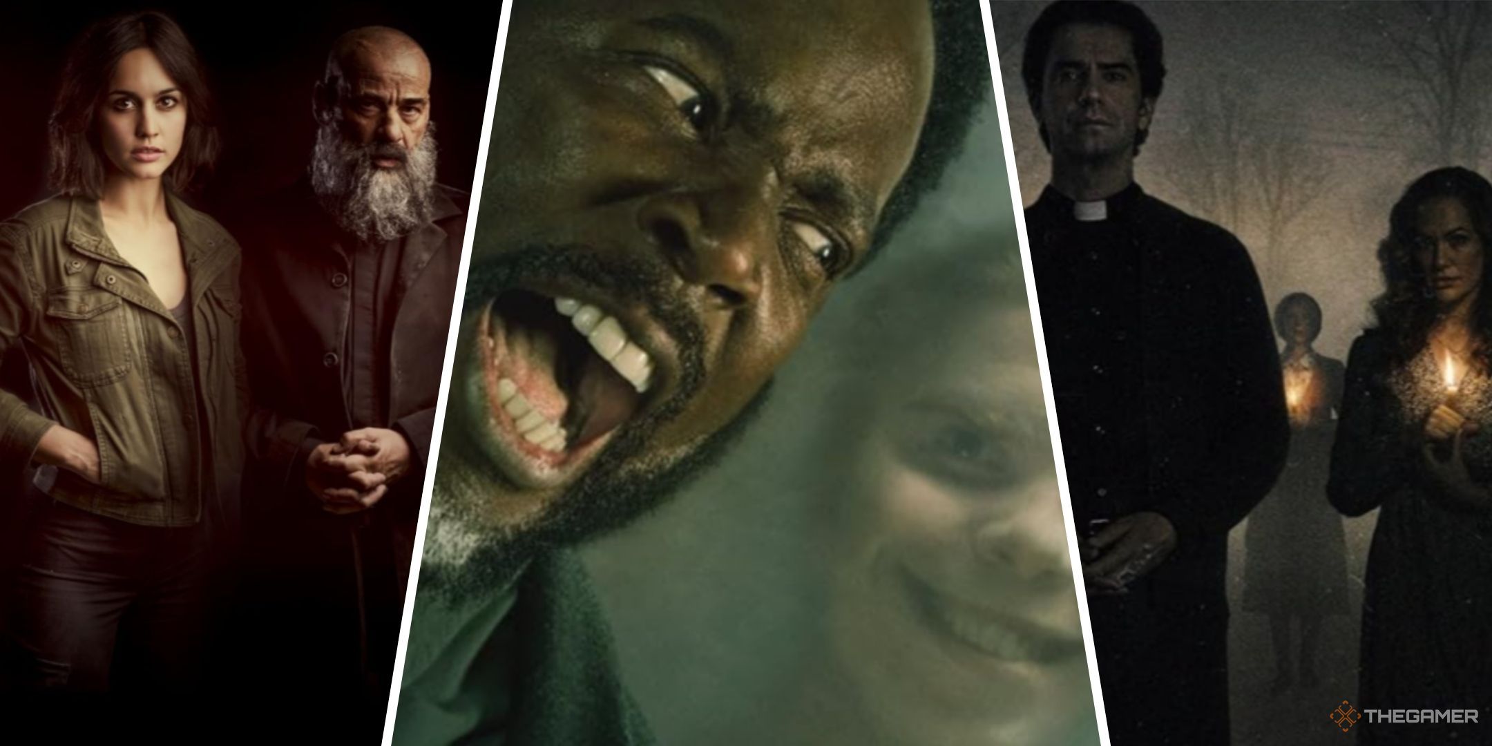 Three-image collage of Elena and Father Vergara from 30 Coins, Sheriff Boyd Screaming In Terror From A Smiley Creature from From, and Father Paul and Erin on the main art for Netflix's Midnight Mass.