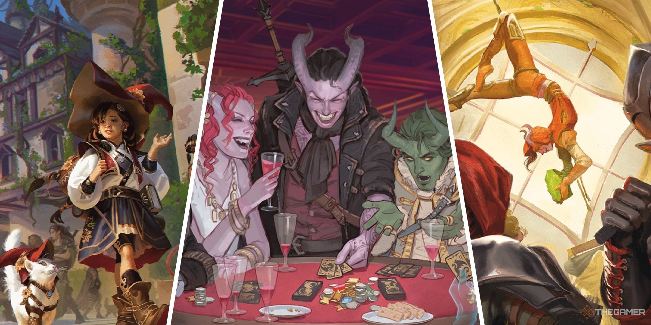 Dungeons & Dragons image showing a wizard and her familiar, several tiefling playing cards, and an adventurer stealing a gem.