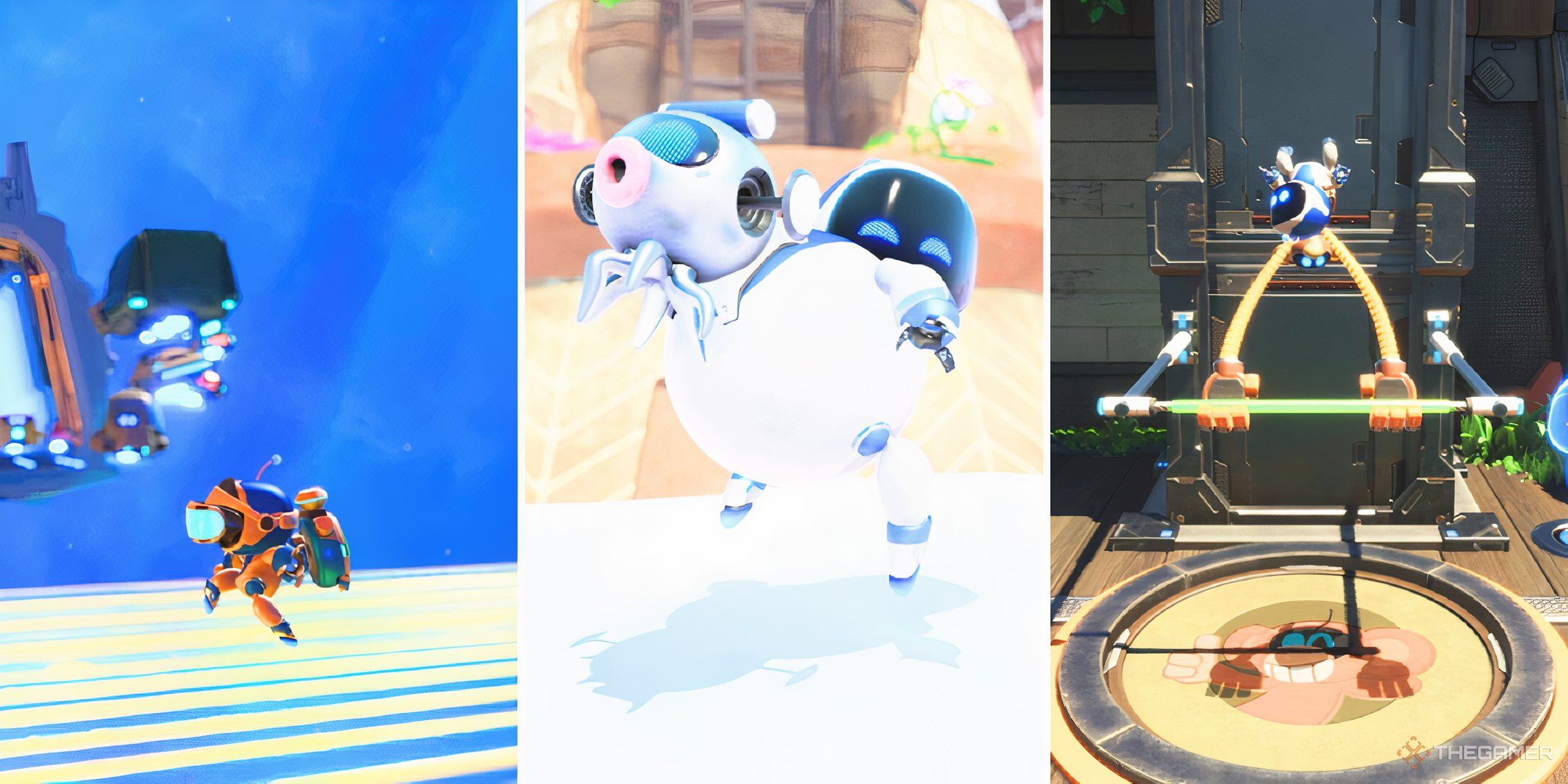 Collage of Astro Bot using Slo-Mo, Squid Balloon, and Monkey Swing power ups.