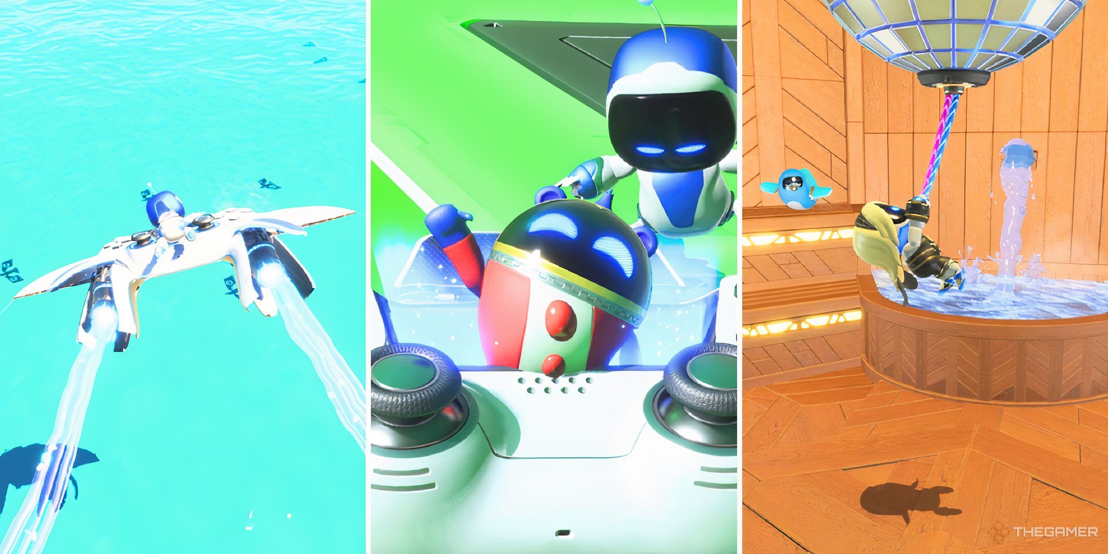 Collage of Astro Bot gliding, collecting bots, and hanging from a disco ball.