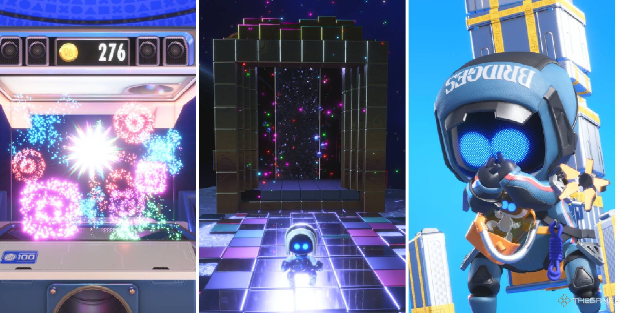 Collage of empty gacha machine, Astro Bot standing in front of final challenge, and Death Stranding cameo bot.