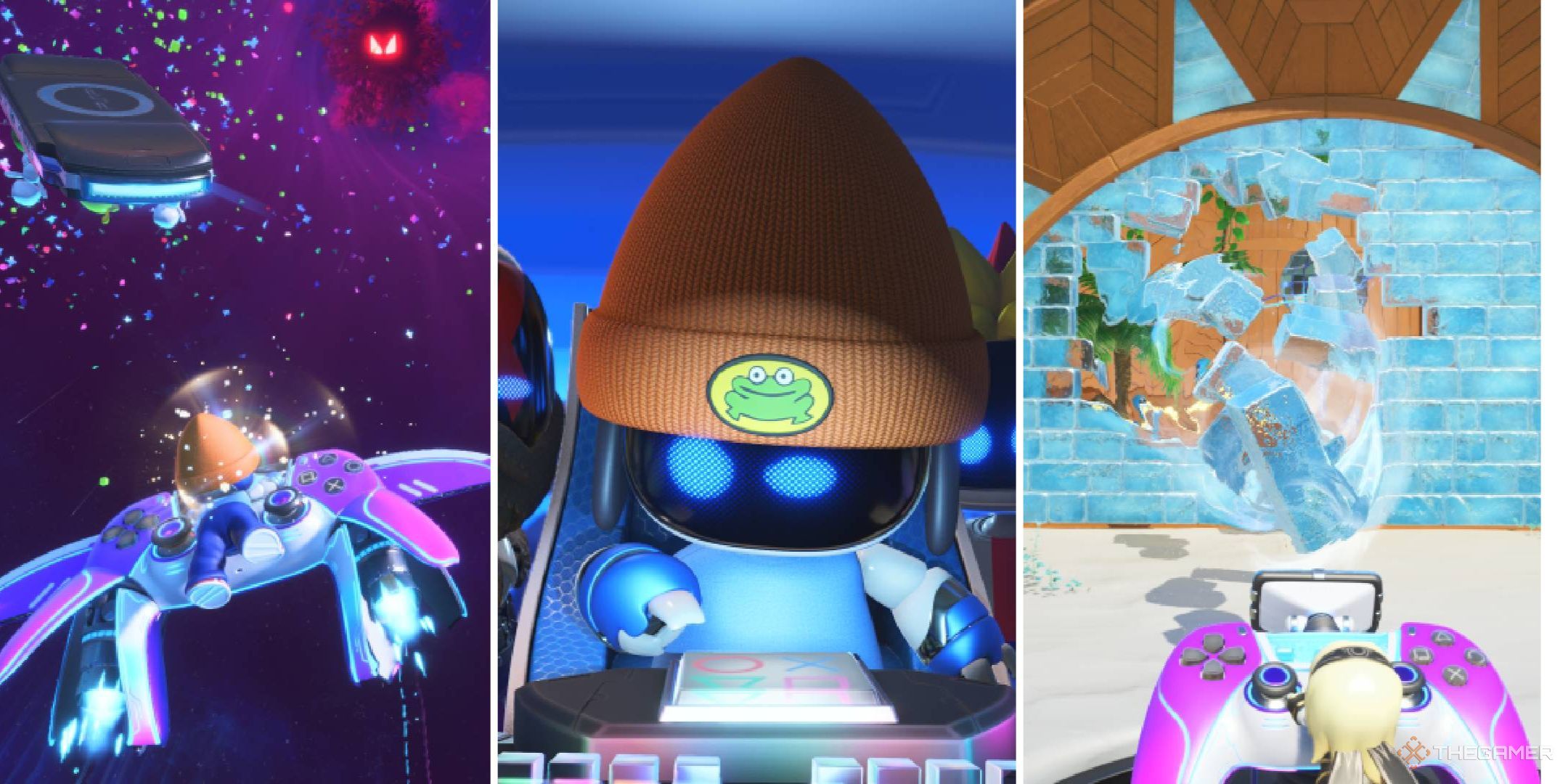 Collage of Astro Bot gliding on DualSense, lit up by a control panel, and sucking in ice blocks on a turret.